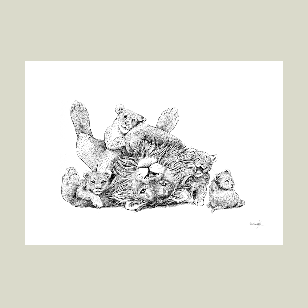 Håndtegnet familieplakat med løvefar og unger – symbol på kærlighed, tryghed og leg mellem far og børn.