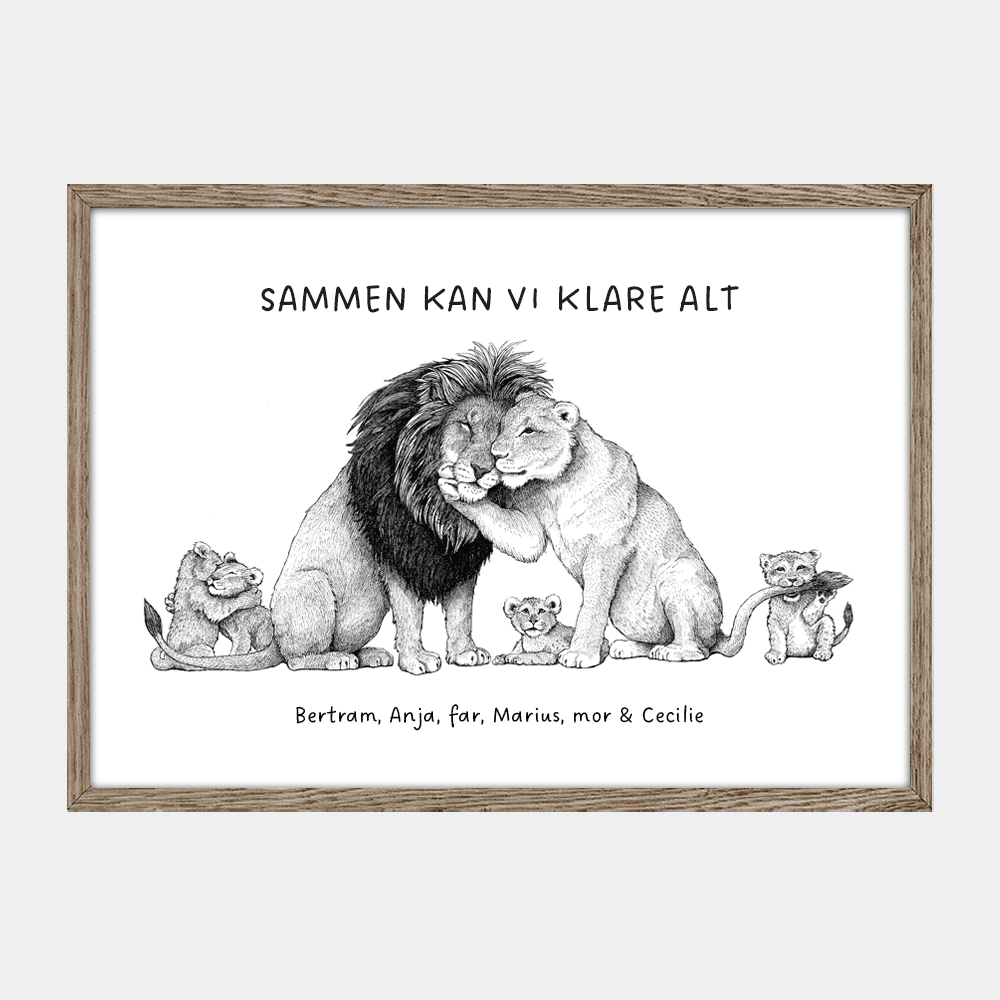 Personlig barsel og dåbsgave med plakat af løvefamilie og fire unger. Tilføj jeres egne navne og evt et citat. 