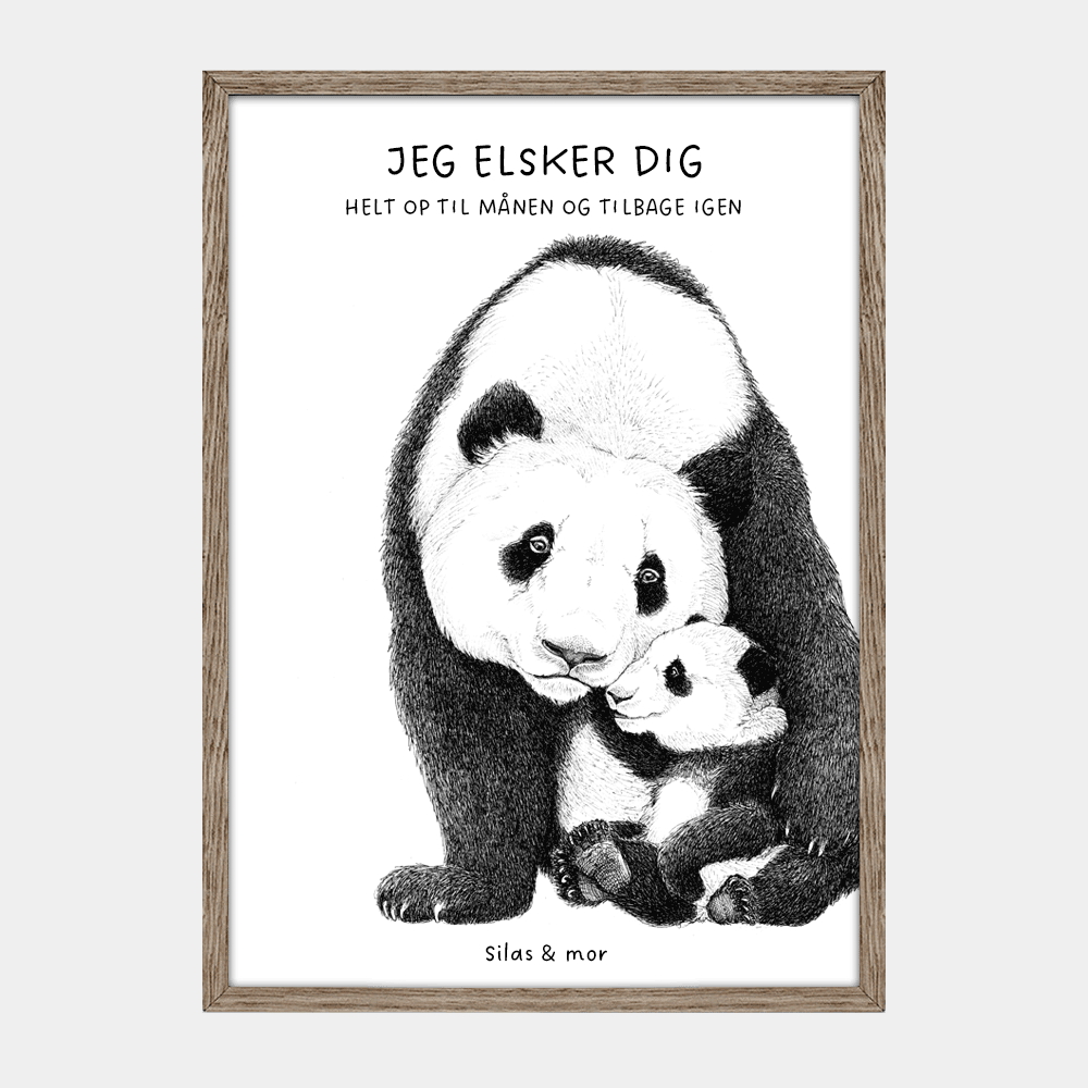 Personlig familieplakat med pandamor og unge. Tilføj navne og evt et citat. "Jeg elsker dig helt op til månen og tilbage igen"