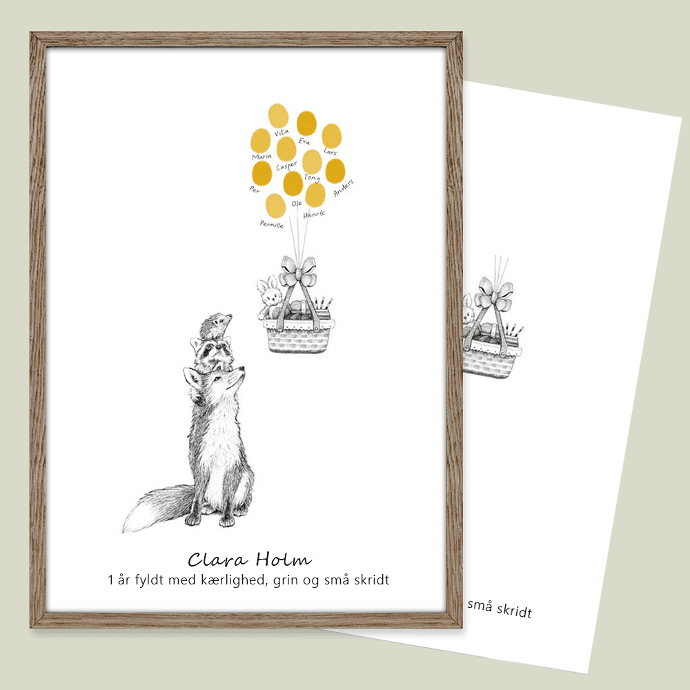 Fingeraftryksplakat med ræv, pindsvin og kurv med balloner – håndtegnet gæstebog plakat til fødselsdag og andre festlige anledninger.