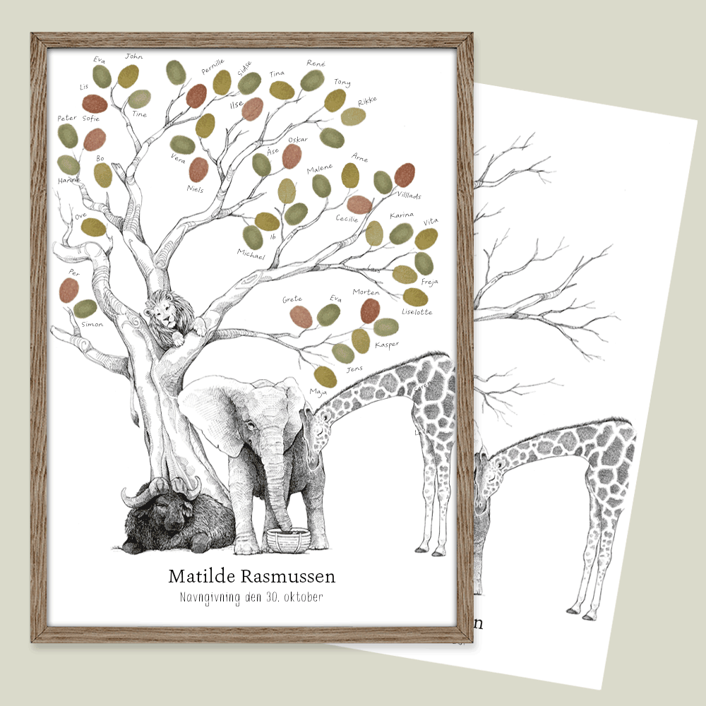 Fingeraftryksplakat med afrikanske dyr under træ – håndtegnet gæstebog plakat til barnedåb og navngivning.