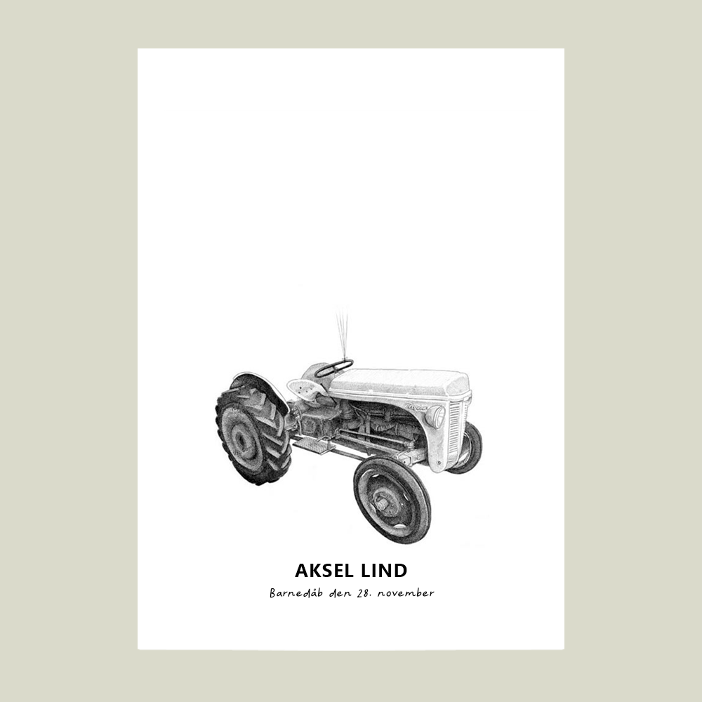 Fingeraftryksplakat med klassisk traktor – håndtegnet gæstebog plakat til barnedåb og navngivning.