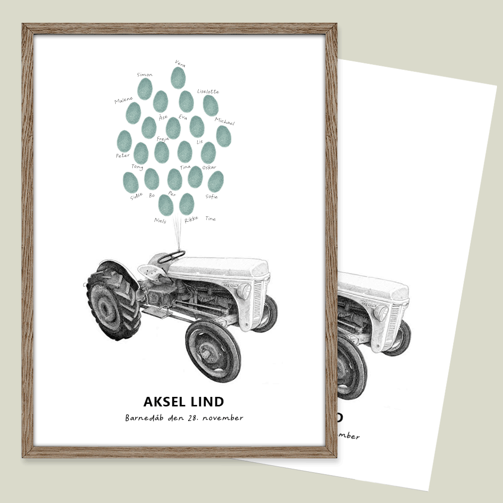 Fingeraftryksplakat med klassisk traktor – håndtegnet gæstebog plakat til barnedåb og navngivning.