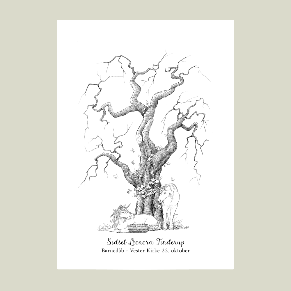 Fingeraftryksplakat med træ og enhjørninge – håndtegnet gæstebog plakat til barnedåb og navngivning.