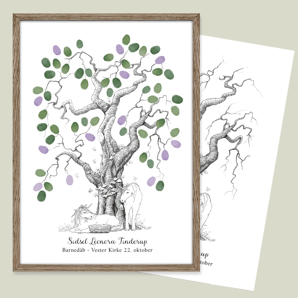 Fingeraftryksplakat med træ og enhjørninge – håndtegnet gæstebog plakat til barnedåb og navngivning.