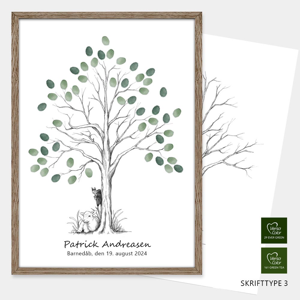 Fingeraftryksplakat med lam og egern ved lille træ – håndtegnet gæstebog plakat til barnedåb og navngivning.