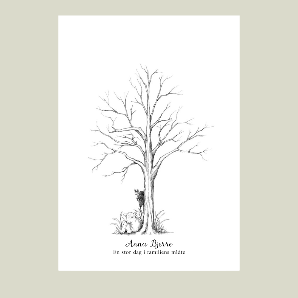 Fingeraftryksplakat med lam og egern ved lille træ – håndtegnet gæstebog plakat til barnedåb og navngivning.