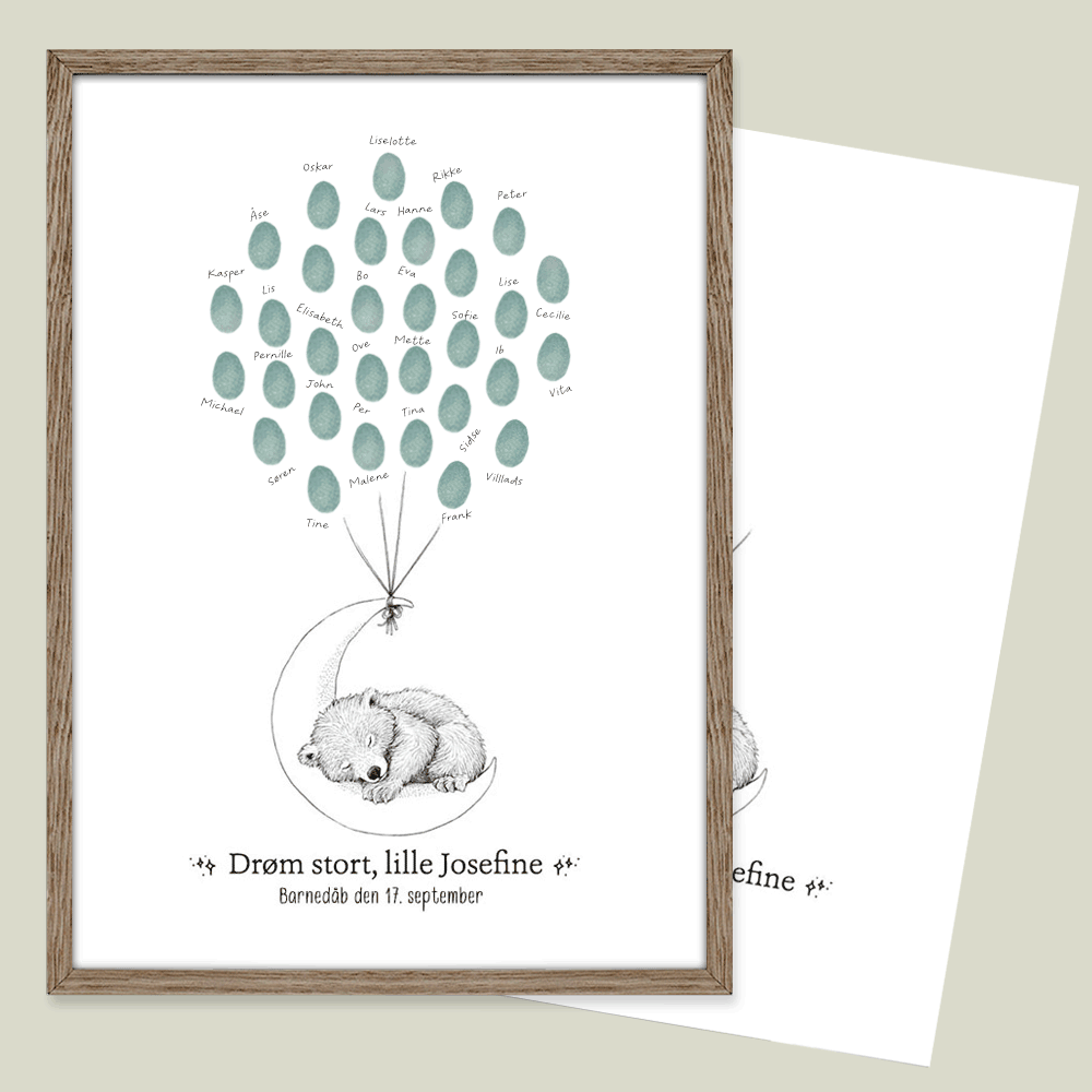 Fingeraftryksplakat med bjørn på månen og fingeraftryk som balloner – gæstebog plakat til barnedåb og navngivning.