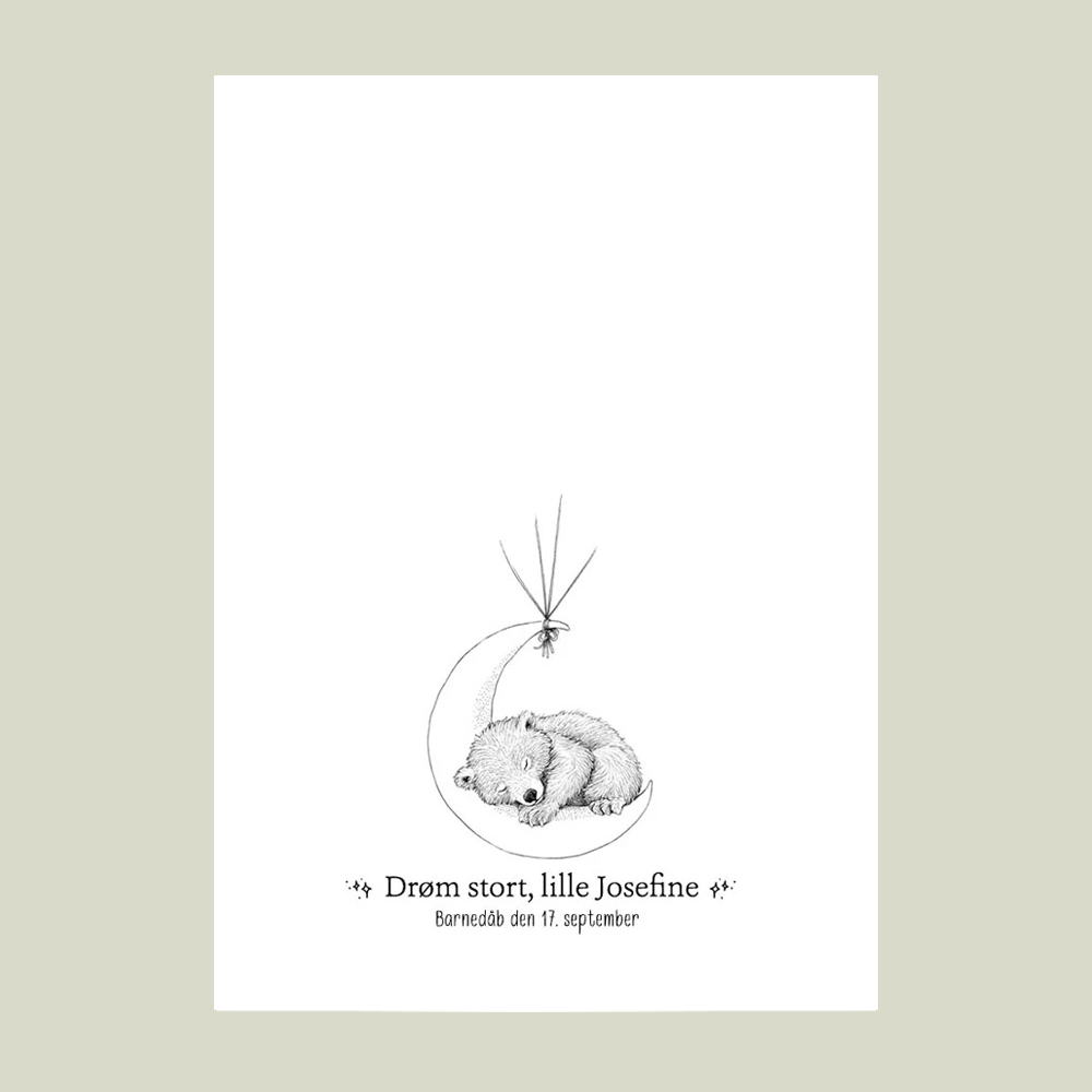 Fingeraftryksplakat med bjørn på månen og fingeraftryk som balloner – gæstebog plakat til barnedåb og navngivning.