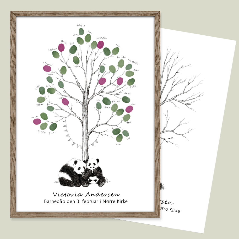 Fingeraftryksplakat med pandaer under træ – håndtegnet gæstebog plakat til barnedåb og navngivning.