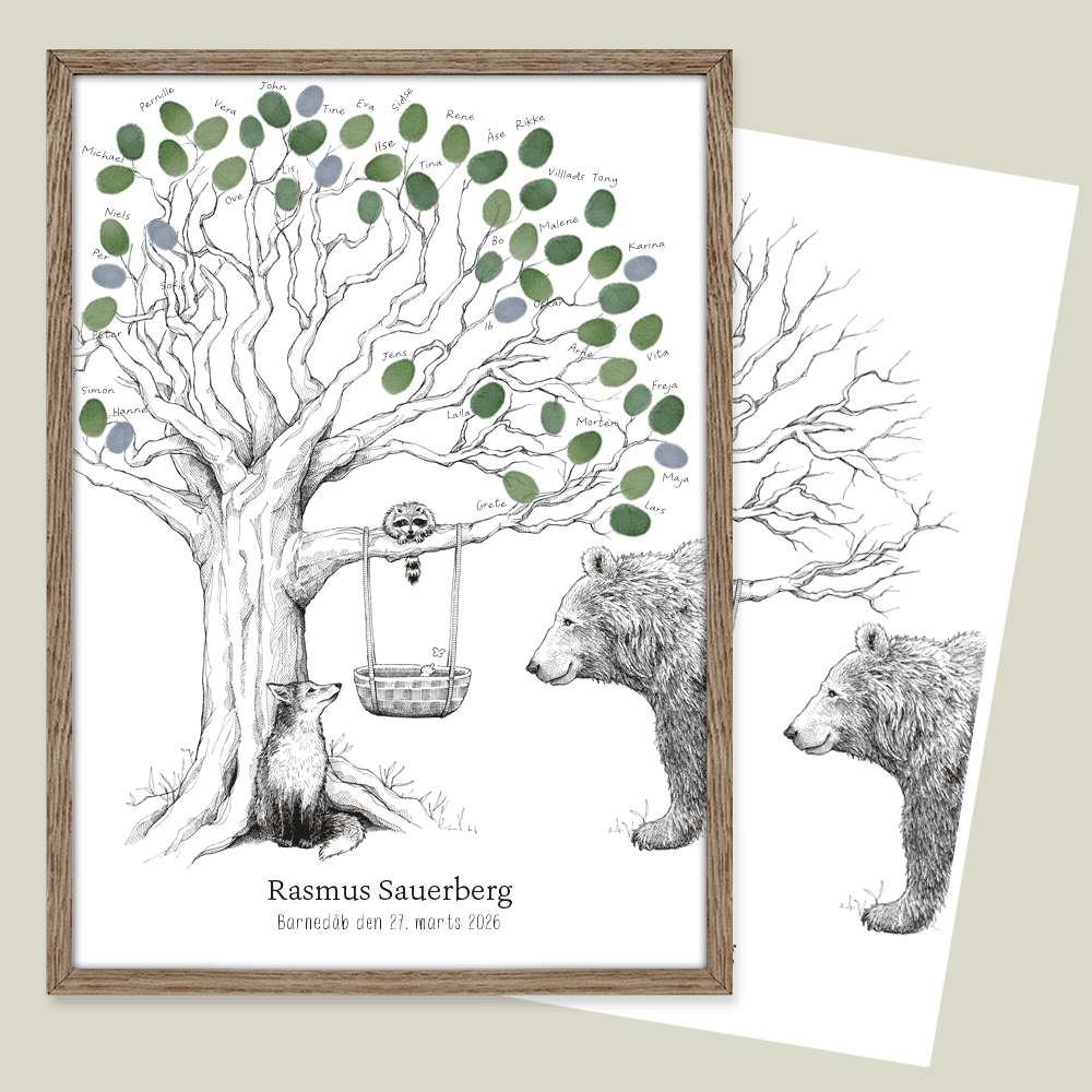 Fingeraftryksplakat med skovens dyr og træ med vugge – håndtegnet gæstebog plakat til barnedåb og navngivning.