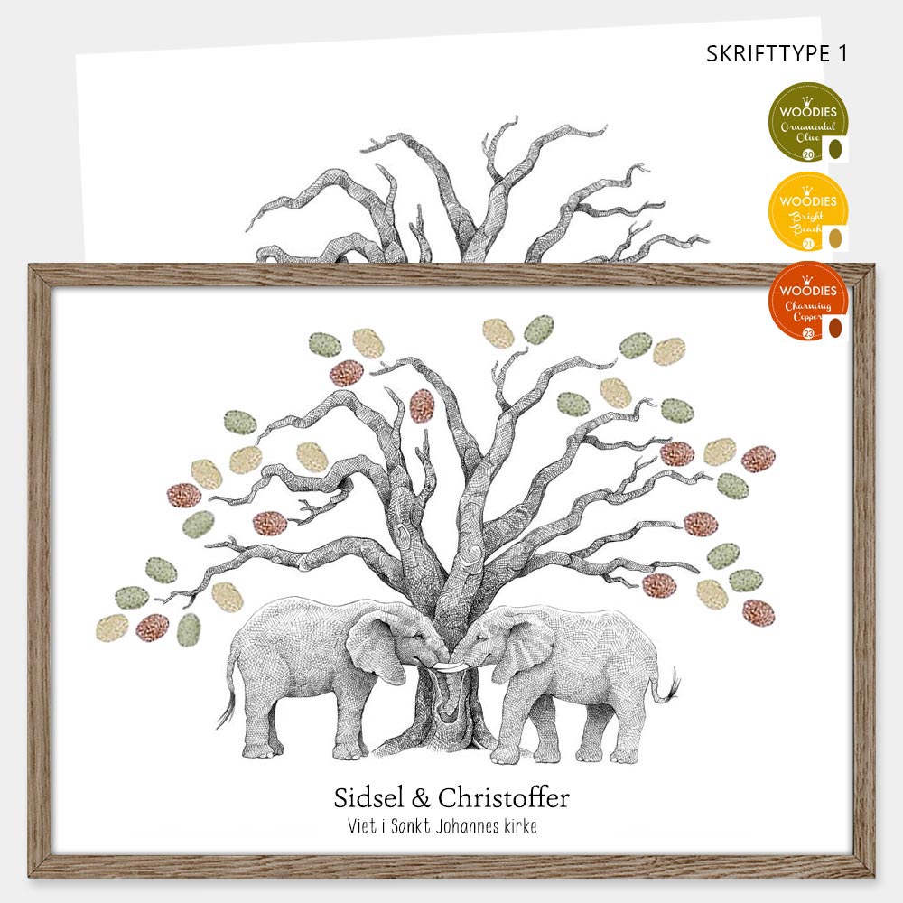 Håndtegnet fingeraftryksplakat med to elefanter ved træ. En gæstebog i billedform til bryllup, kobber-, sølv- eller guldbryllup – et varigt minde om kærligheden.