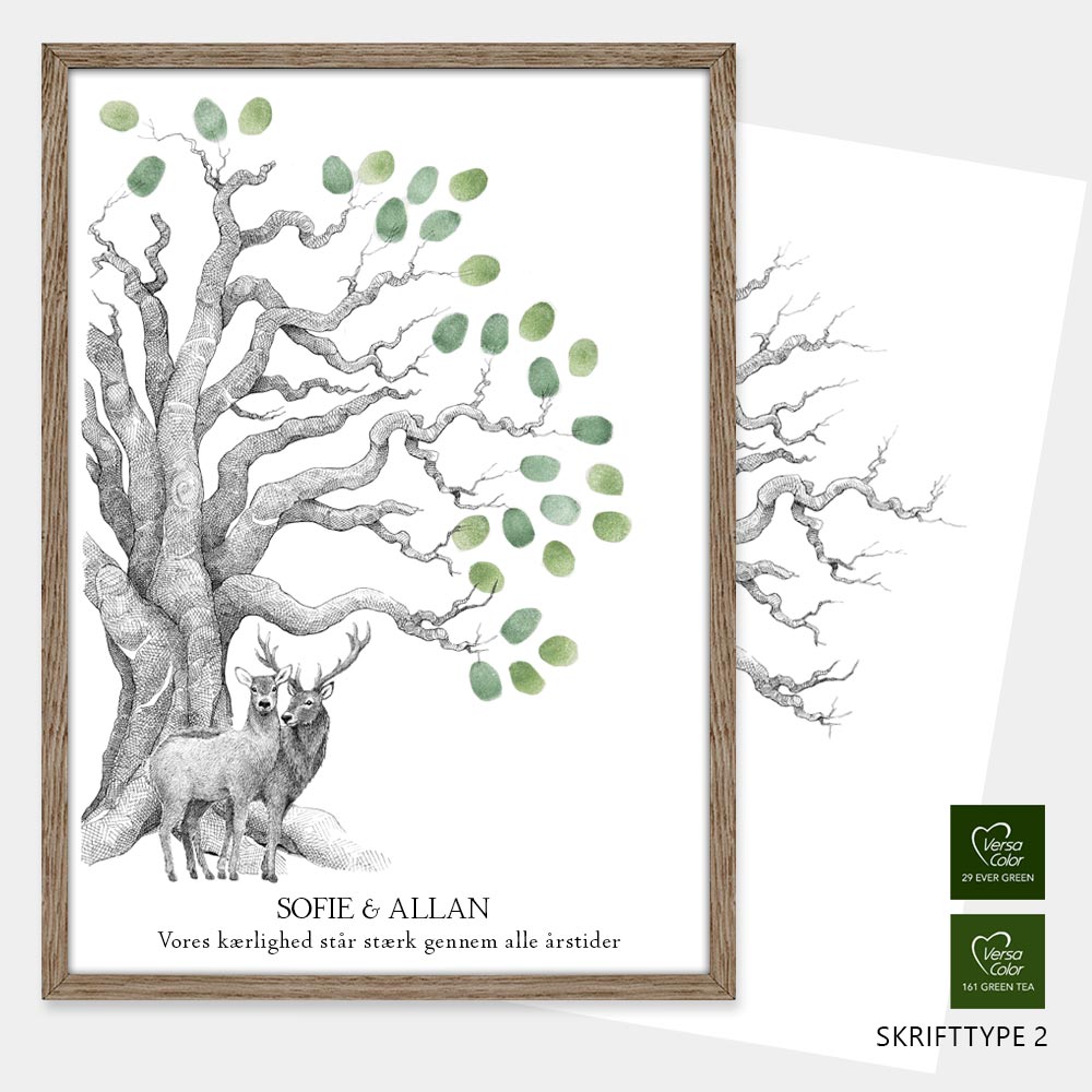 Håndtegnet fingeraftryksplakat med hjorte under træ. En gæstebog i billedform til bryllup, kobber-, sølv- eller guldbryllup – et varigt minde.