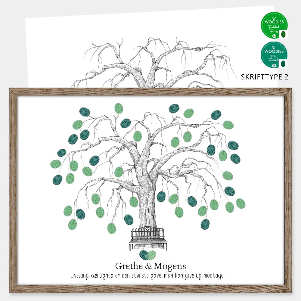Fingeraftryksplakat med træ og bænk – håndtegnet gæstebog plakat til bryllup og bryllupsdag.
