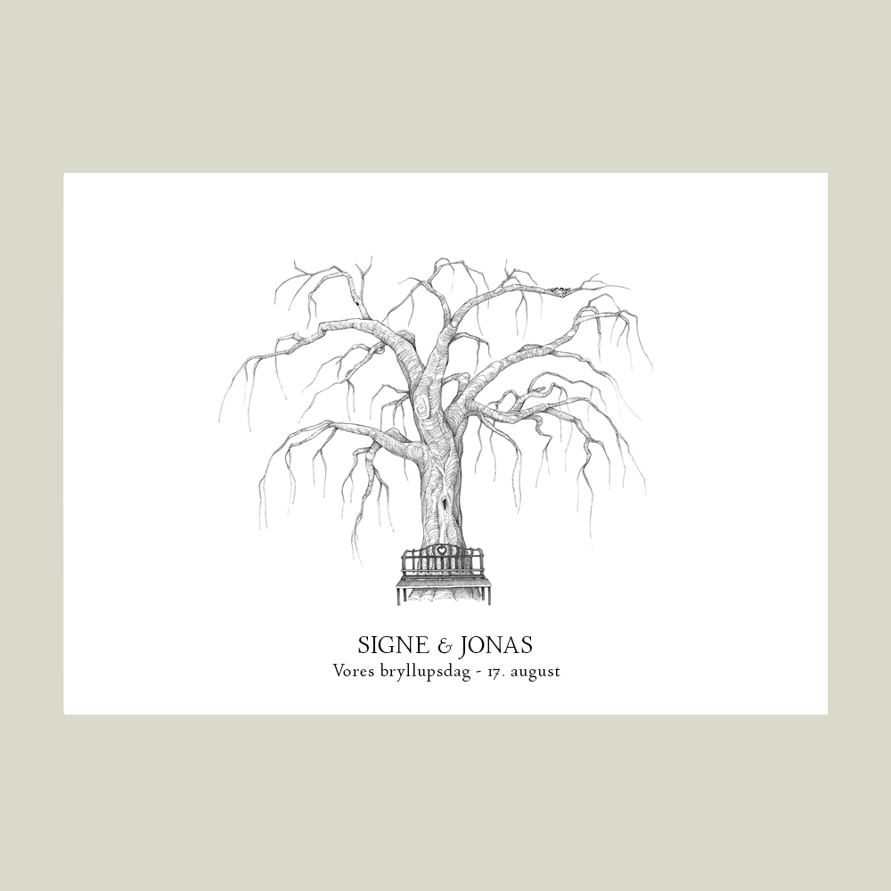 Fingeraftryksplakat med træ og bænk – håndtegnet gæstebog plakat til bryllup og bryllupsdag.