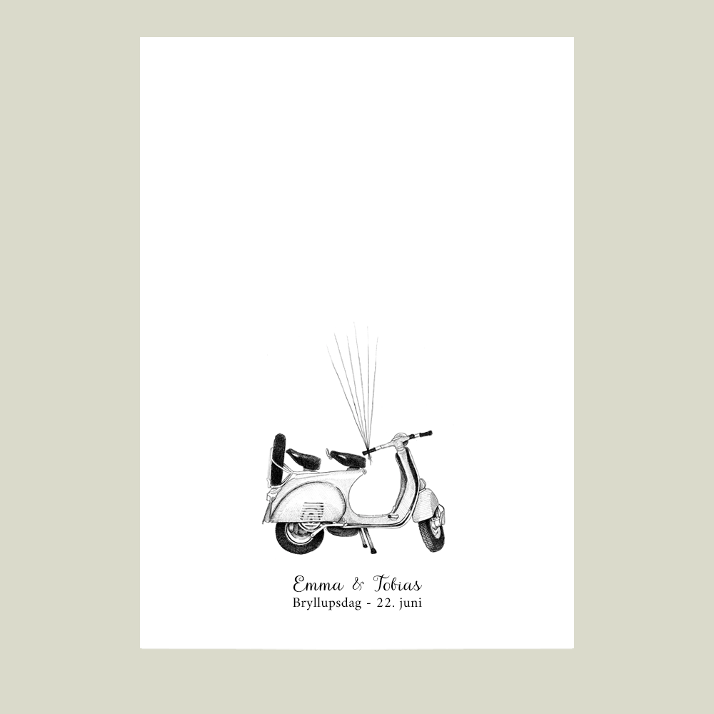 Håndtegnet fingeraftryksplakat med scooter og balloner. En gæstebog i billedform til bryllup, kobber-, sølv- eller guldbryllup – et varigt minde.