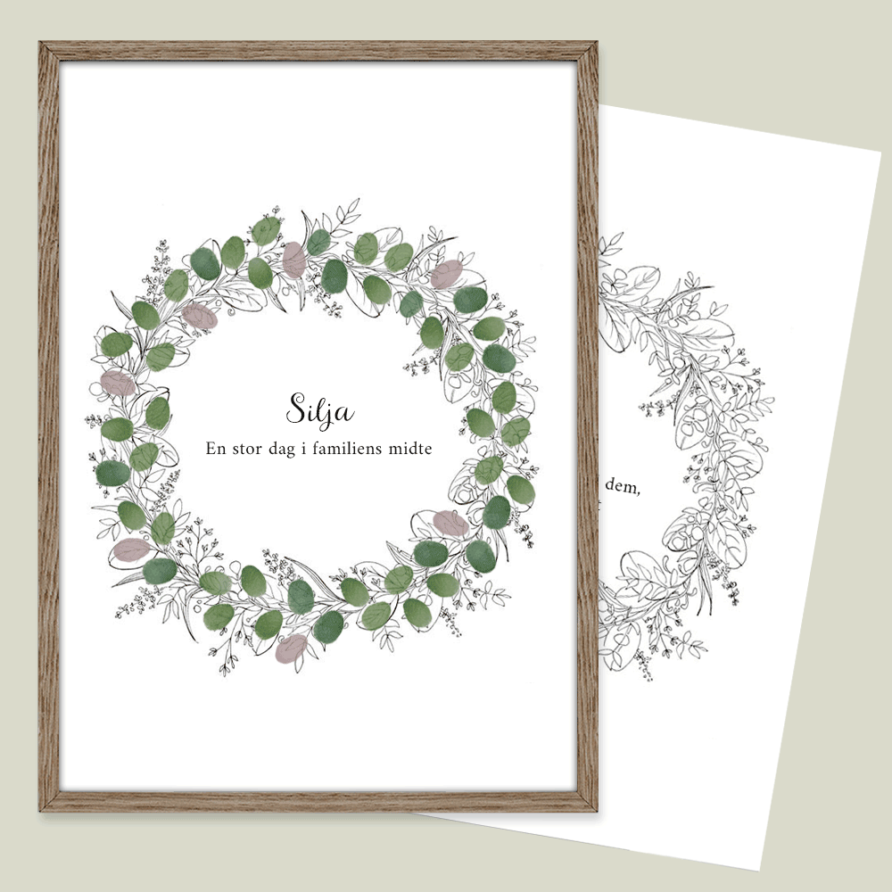 Fingeraftryksplakat med blomsterkrans – håndtegnet gæstebog plakat til konfirmation og nonfirmation.