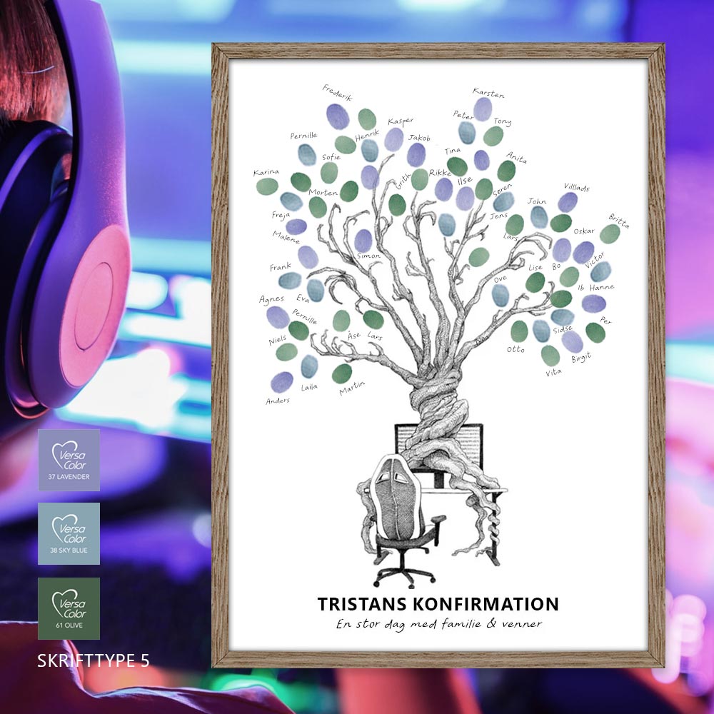 Fingeraftryksplakat med gamertræ og computer – håndtegnet gæstebog plakat til konfirmation og nonfirmation.