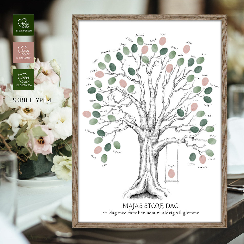 Fingeraftryksplakat med træ og gynge – håndtegnet gæstebog plakat til konfirmation og nonfirmation.