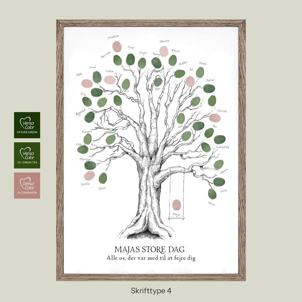 Fingeraftryksplakat med træ og gynge – håndtegnet gæstebog plakat til konfirmation og nonfirmation.