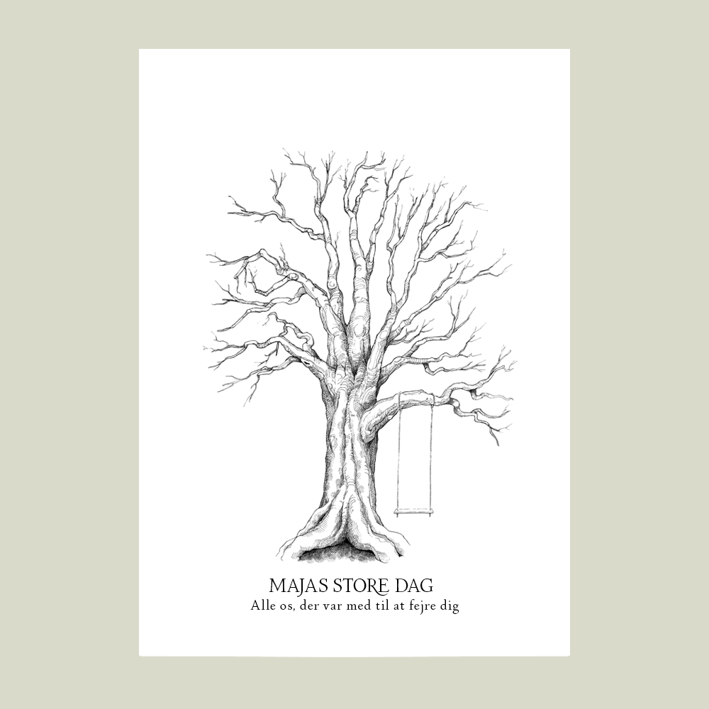 Fingeraftryksplakat med træ og gynge – håndtegnet gæstebog plakat til konfirmation og nonfirmation.