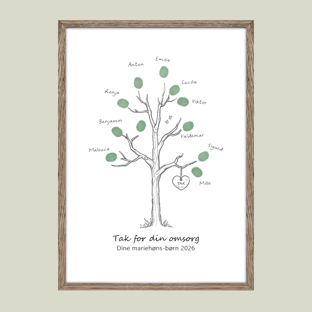 Fingeraftryksplakat med lille træ og hjerte – håndtegnet gæstebog plakat til dåb, bryllup eller som takkegave.