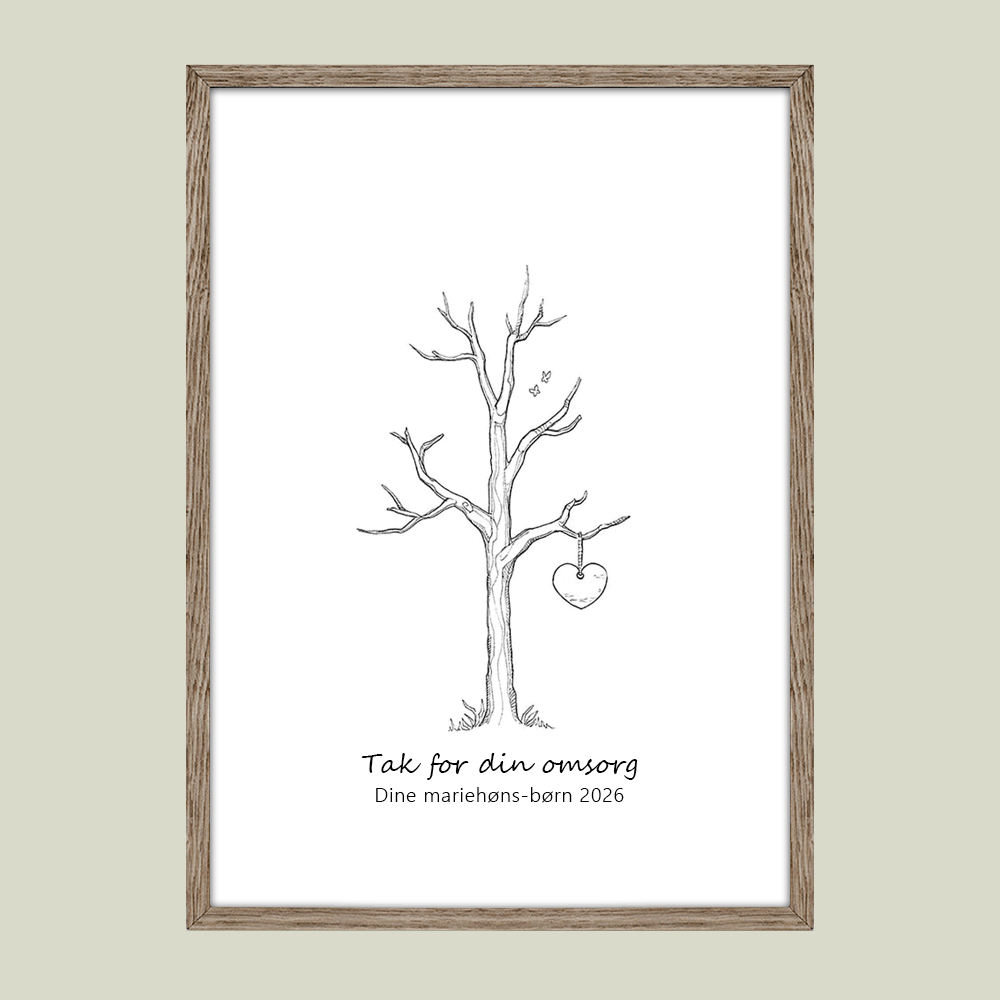 Fingeraftryksplakat med lille træ og hjerte – håndtegnet gæstebog plakat til dåb, bryllup eller som takkegave.
