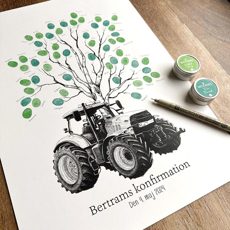 Fingeraftryksplakat med traktor og træ – håndtegnet gæstebogsplakat til konfirmation og nonfirmation.