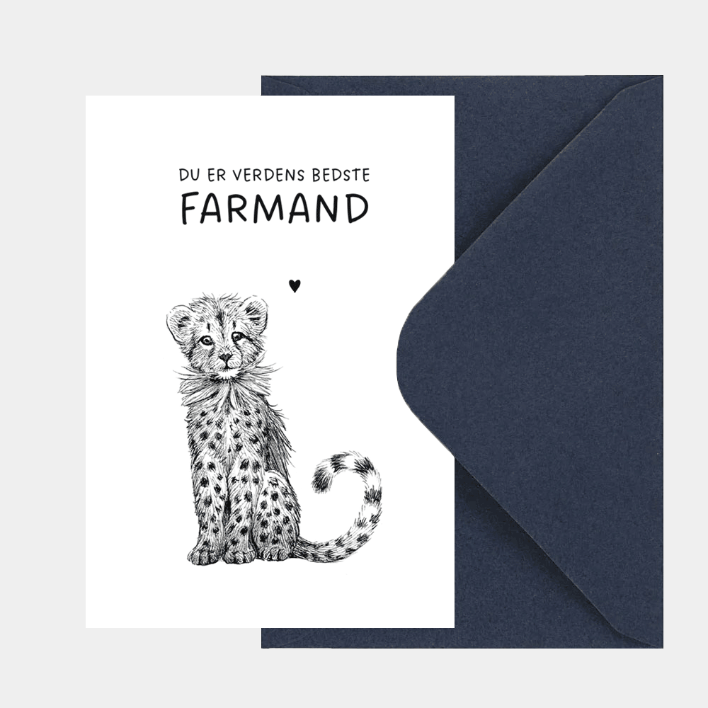 Kort med kuvert til far. Håndtegnet illustration af gepardunge. Oplagt til fars dag, gave eller fødselsdag.