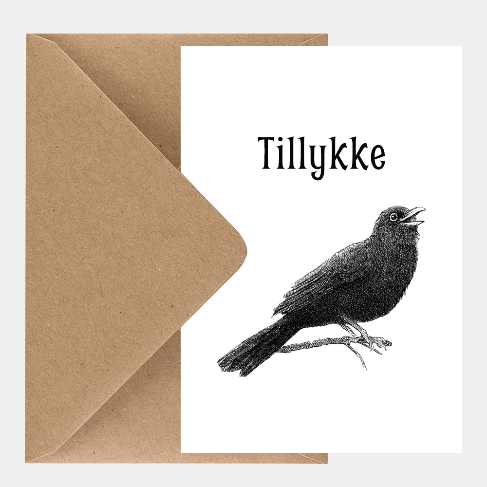 Kort med håndtegnet solsort og teksten 'Tillykke'