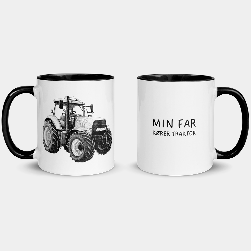 Krus med teksten 'Min far kører traktor'. Håndtegnet illustration af traktor. Oplagt til fars dag eller fødselsdag.