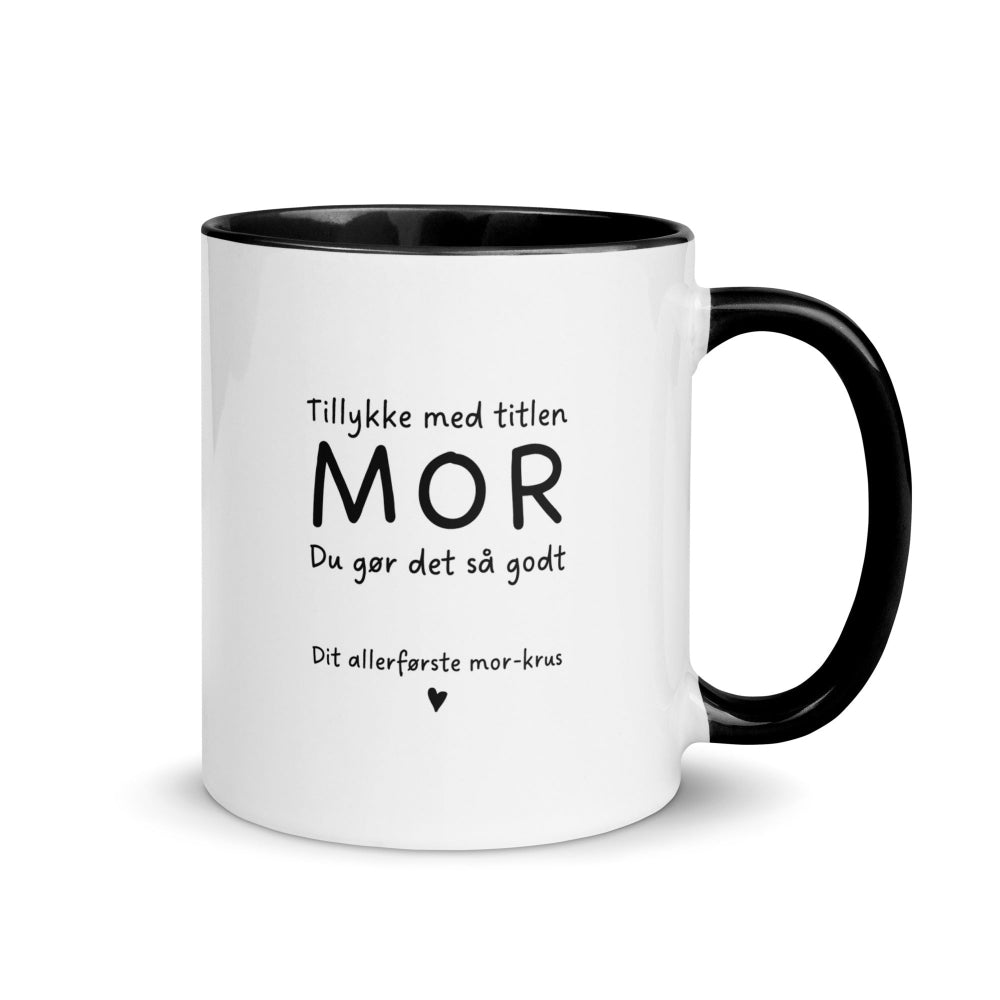 Dit allerførste mor-krus med tegnet oddermor og unge, bagsiden med 'Tillykke med titlen mor', sort hank