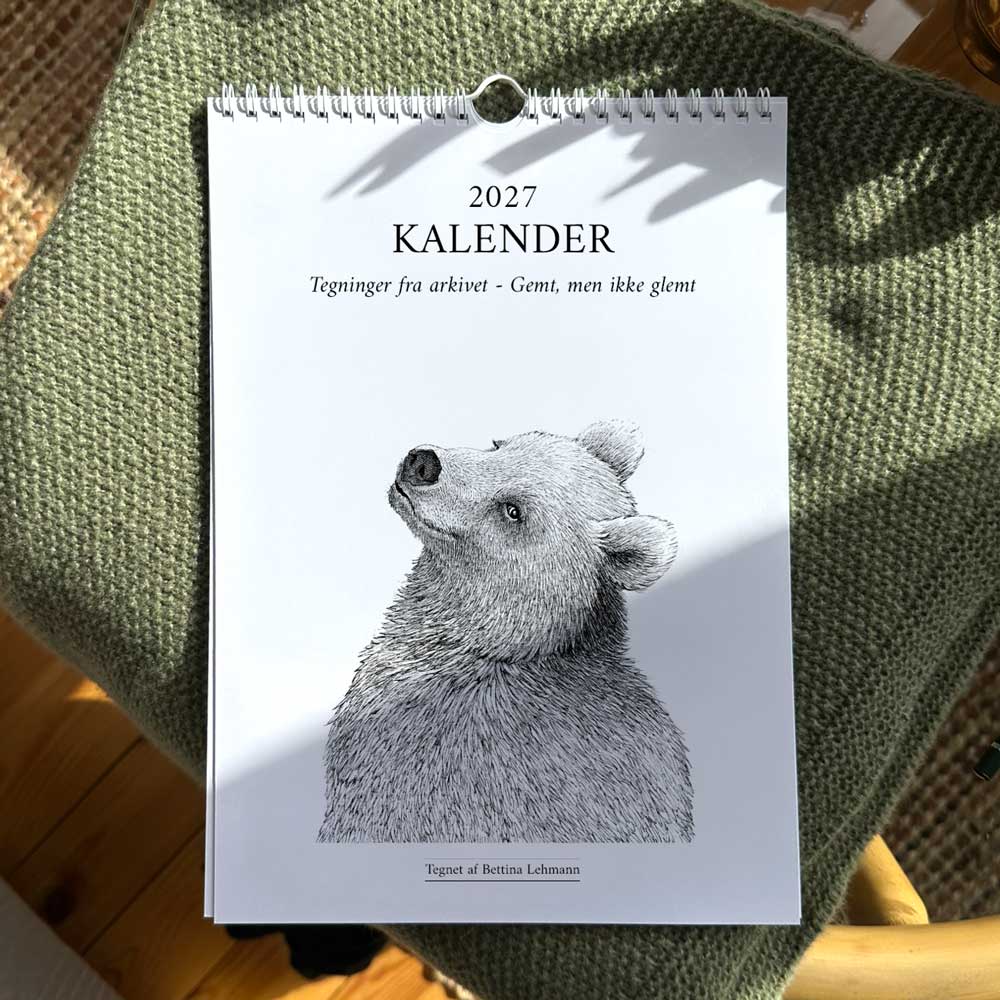 Kalender 2027 med håndtegnede illustrationer af Bettina Lehmann. Tegninger fra tegneskuffen.