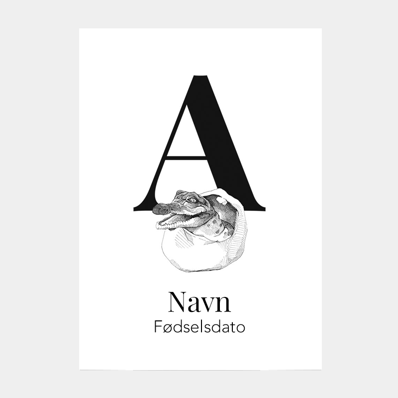 Navneplakat med bogstav A og alligator – illustration til børneværelse, personlig plakat med dyremotiv