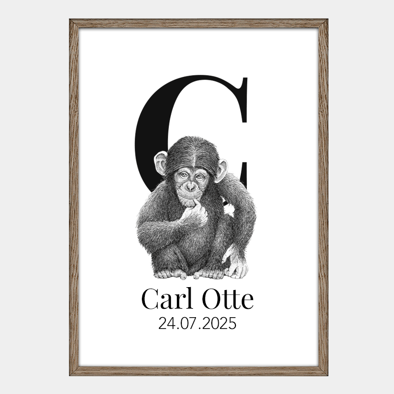 Navneplakat med bogstav C og chimpanse – personlig plakat til børn med klassisk design