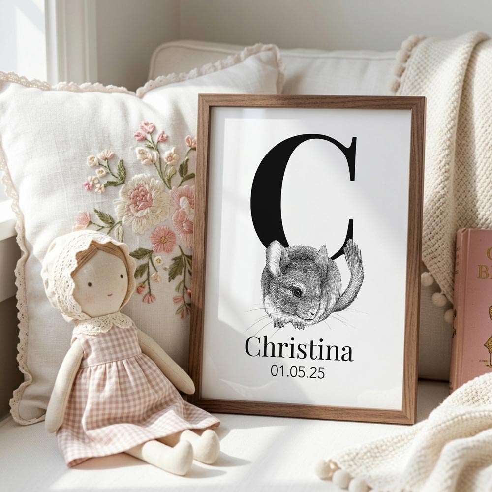 Navneplakat med C og chinchilla