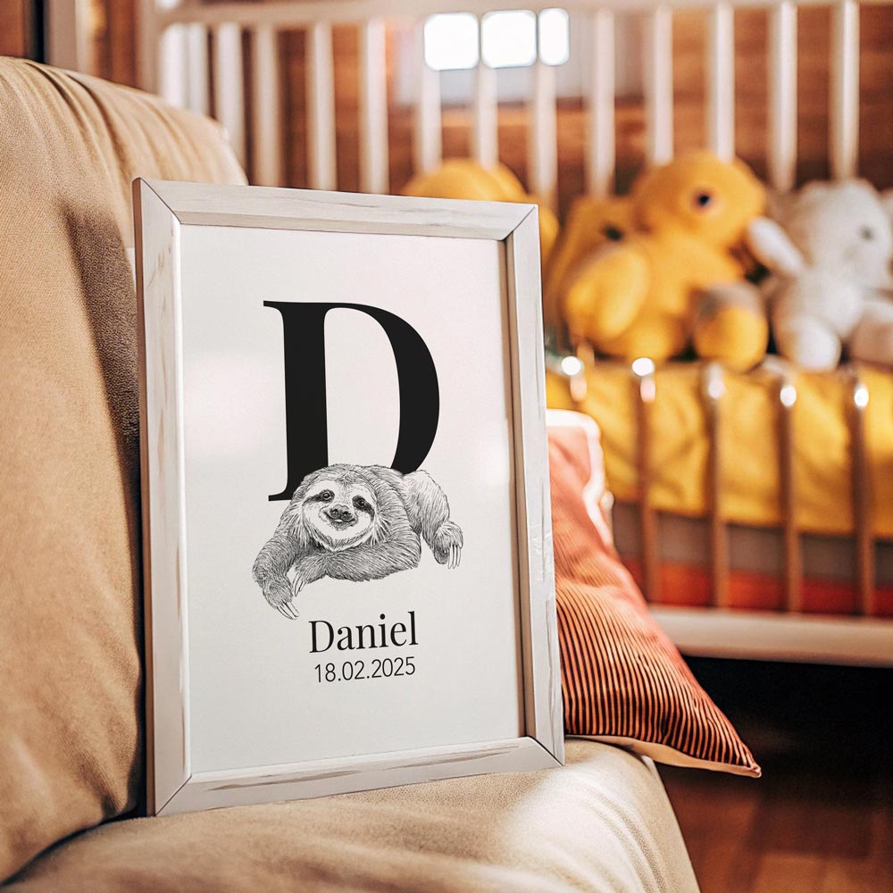 Navneplakat med bogstav D og dovendyr – illustration til børneværelse, lærerig og dekorativ plakat