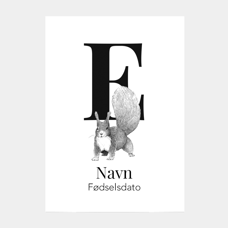 Navneplakat med bogstav E og egern – børneplakat, personlig plakat med dyr og bogstav