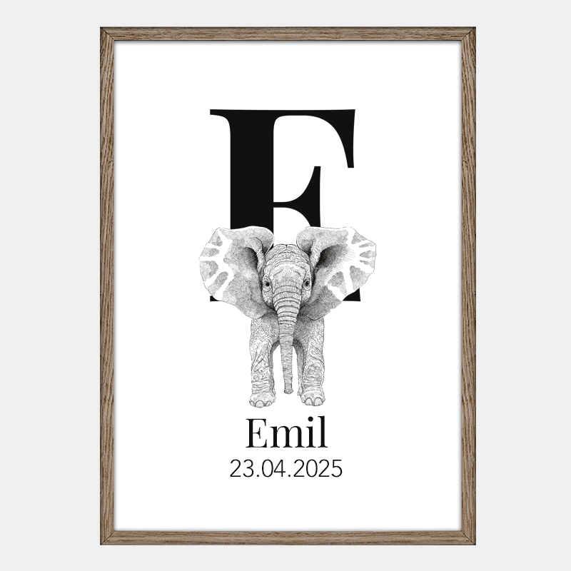 Navneplakat med bogstav E og elefant – personlig plakat til børneværelset, En tidløs og betydningsfuld gave til fødselsdag