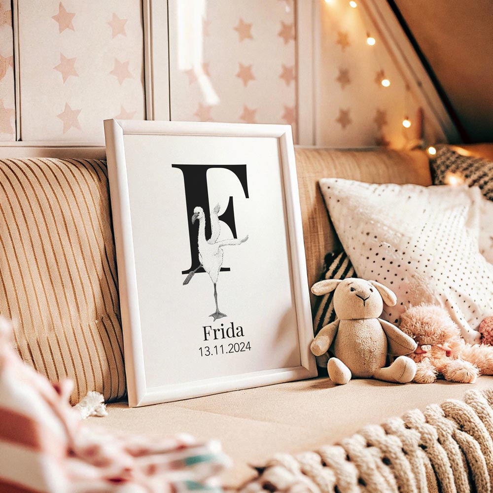 Navneplakat med bogstav F og flamingo – illustration til børneværelse, lærerig og dekorativ plakat