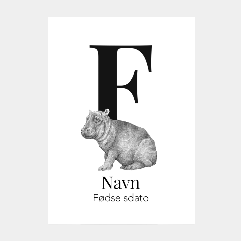 Navneplakat med bogstav F og flodhest – personlig plakat med dyr, perfekt til børneværelset