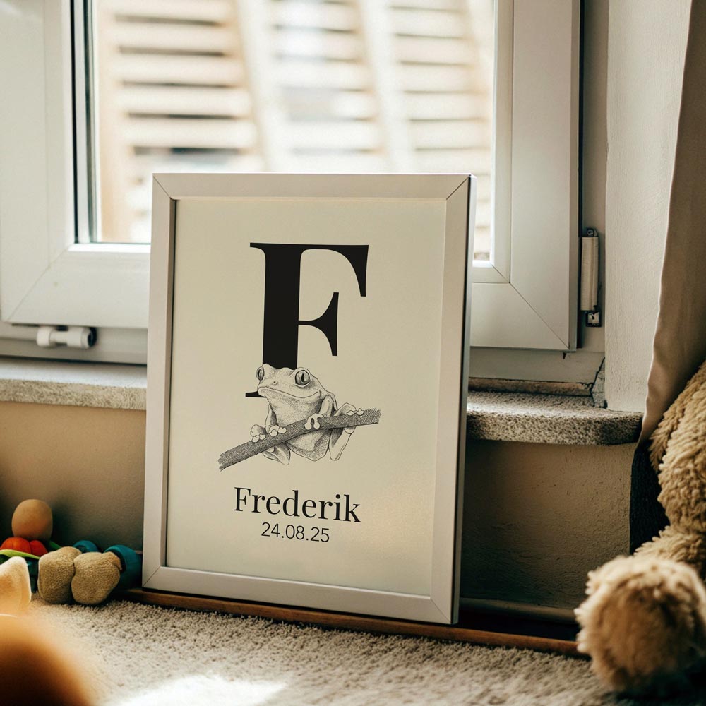 Navneplakat med bogstav F og frø – personlig plakat med dyr, perfekt til børneværelset