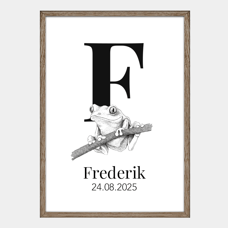 Navneplakat med bogstav F og frø – personlig plakat med dyr, perfekt til børneværelset