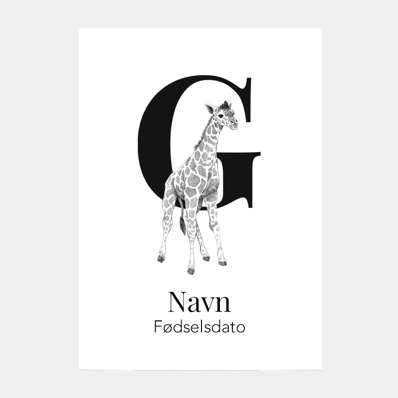 Navneplakat med bogstav G og giraf – illustration til børneværelset, personlig plakat som dåbsgave