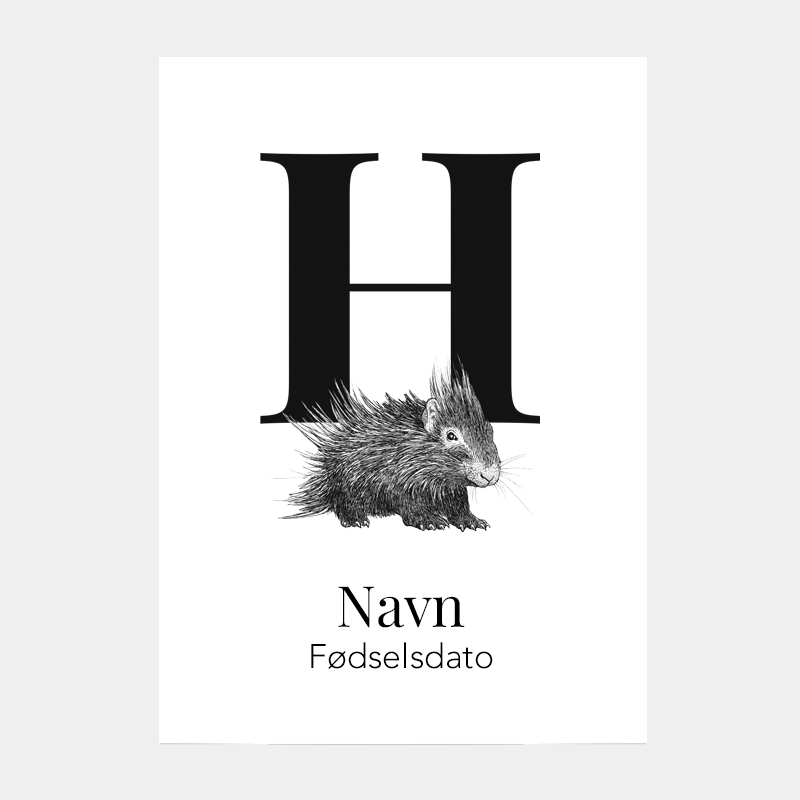 Navneplakat med bogstav H og hulepindsvin – til børneværelse, personlig bogstavplakat