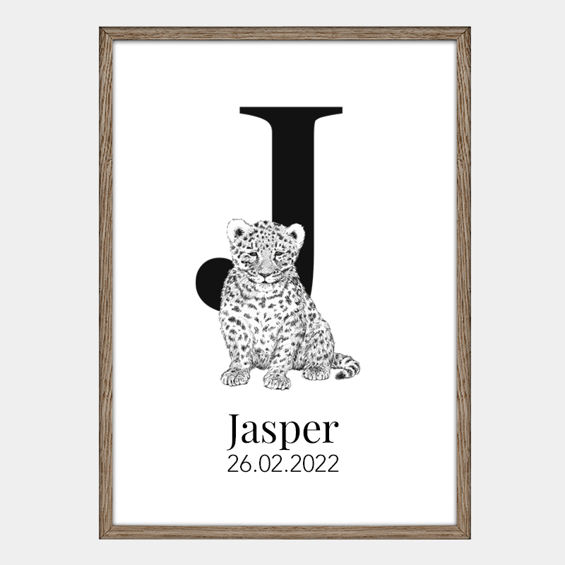Navneplakat med bogstav J og jaguar – illustration til børneværelset. En følgesvend, der balancerer kraft og ro.