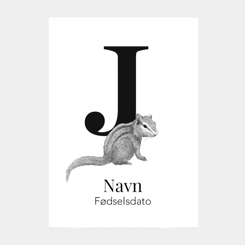 Navneplakat med bogstav J og jordegern – lærerig plakat til børn, personlig dekorativ plakat