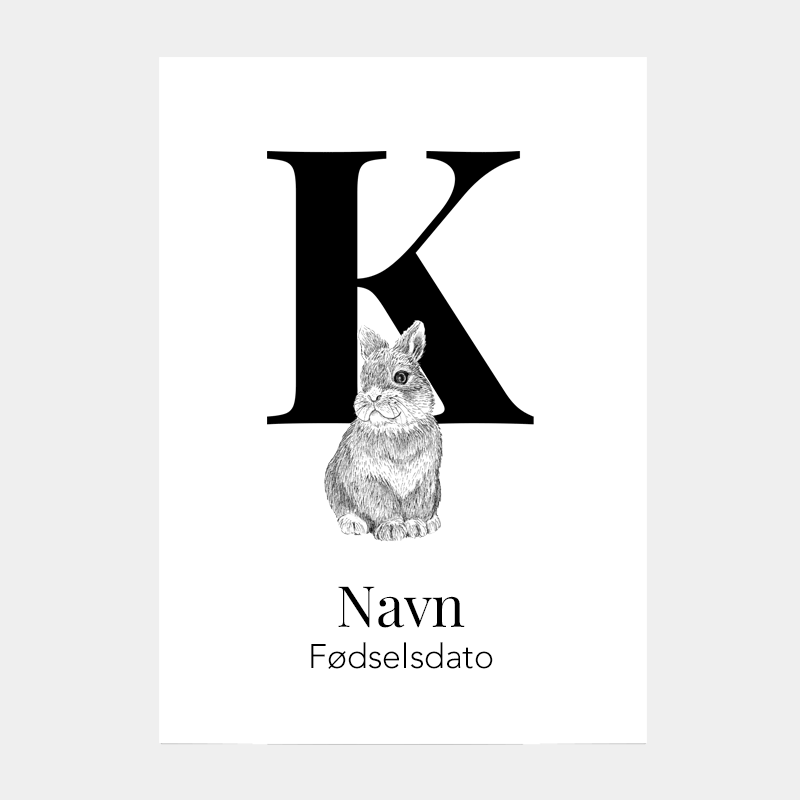 Navneplakat med bogstav K og kanin – illustration til børneværelset, personlig bogstavplakat