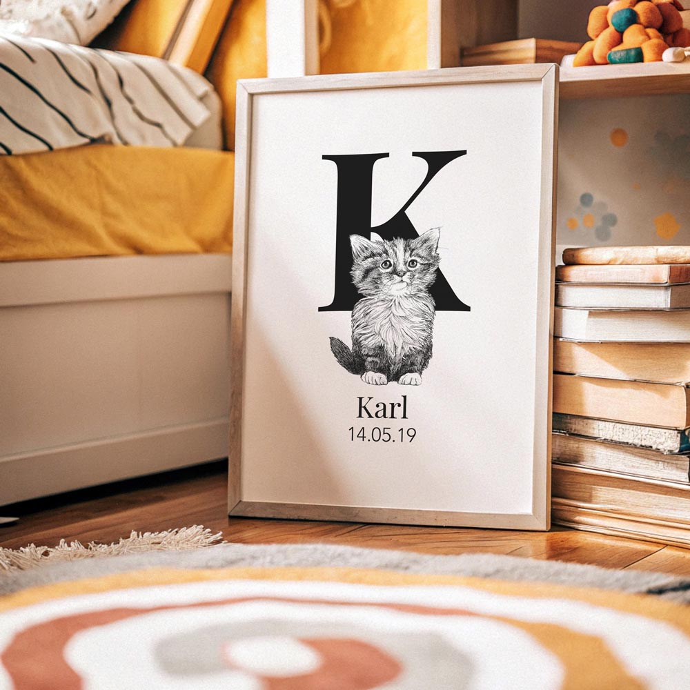 Navneplakat med bogstav K og kat – personlig plakat til børneværelset, perfekt gave til fødselsdag
