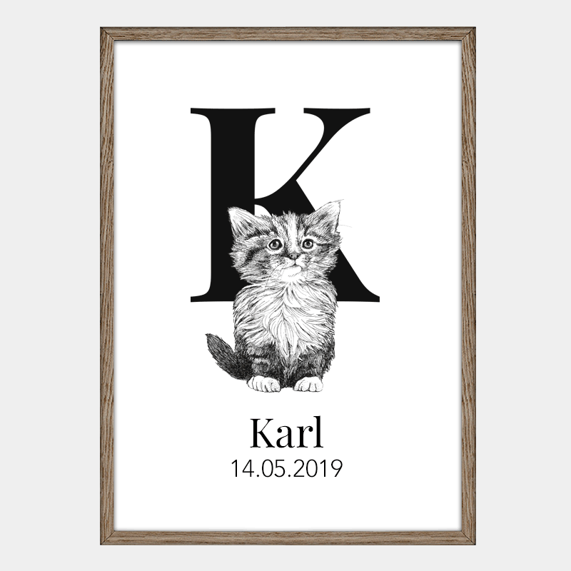 Navneplakat med bogstav K og kat – personlig plakat til børneværelset, perfekt gave til fødselsdag